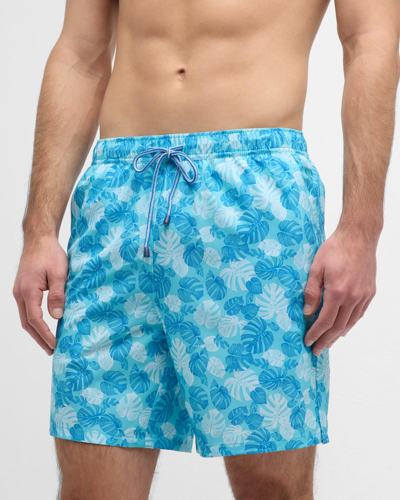 Peter Millar Linework Straight-leg Mid-length Printed Swim Shorts In Blue