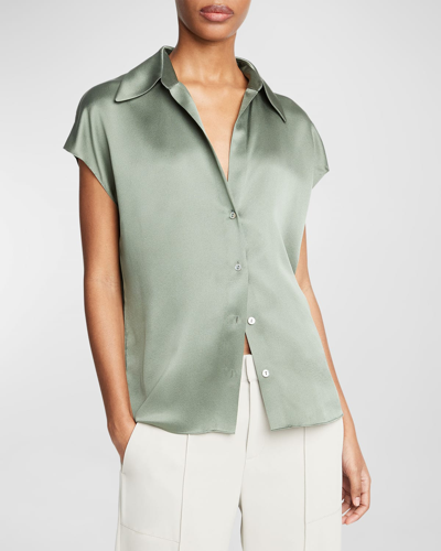 Vince Cap-sleeve Ruched-back Silk Blouse In Sea Fern