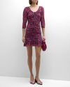 Ganni Minikleid Aus Stretch-satin Mit Floralem Print Und Raffungen In Fiji Flower