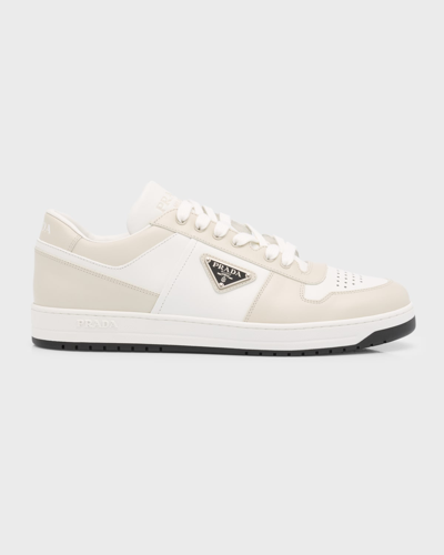 Prada Men's Downtown Leather Low-top Sneakers In White Powder