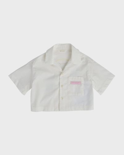 Palm Angels Kids' Girl's Bear Angel Short-sleeve Crop Shirt In White