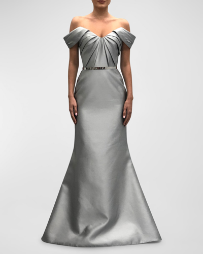 Romona Keveza Pleated Off-the-shoulder Cap-sleeve Trumpet Gown In Silver