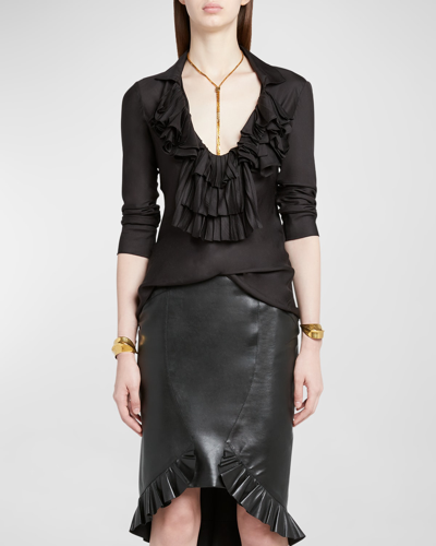 Tom Ford Ruffle V-neck Viscose-silk Twill Blouse In Black