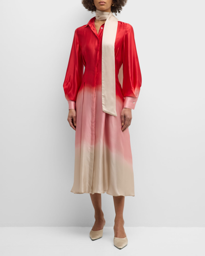 Kiton Ombre Silk Long-sleeve Neck-scarf Midi Shirtdress In Lt Pink