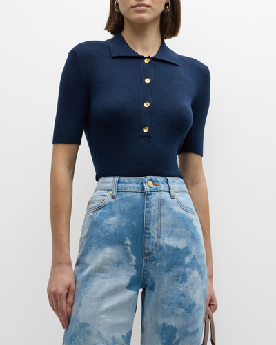 Ganni Short-sleeve Ribbed Wool Polo Top In Navy