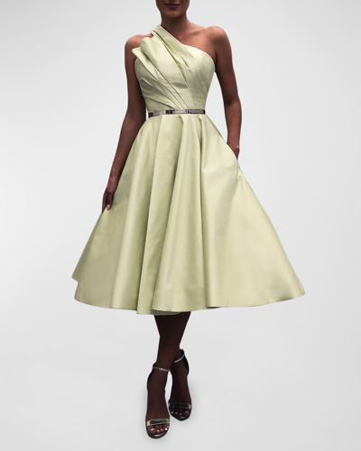 Romona Keveza Pleated One-shoulder Fit-&-flare Silk Midi Dress In Celery