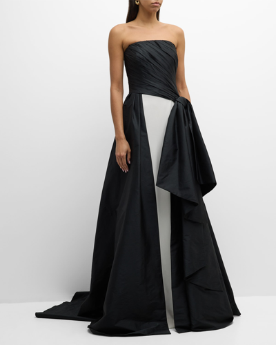 Pamella Roland Draped Taffeta Bow Gown With Crepe Column Skirt In Black White