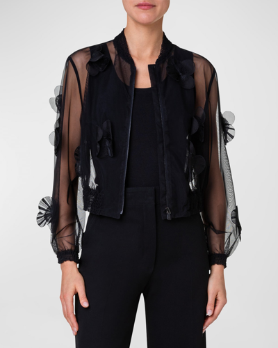 Akris Taide Tulle Bomber Jacket With Poppies Embellishment In Black