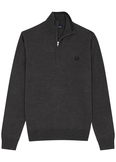 Fred Perry Logo-embroidered Wool-blend Half-zip Jumper In Grey