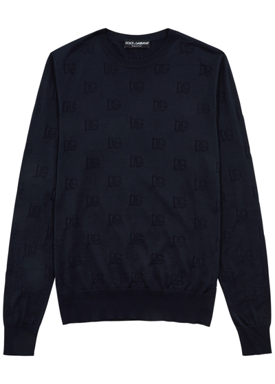 Dolce & Gabbana Logo-jacquard Knitted Silk Jumper In Navy