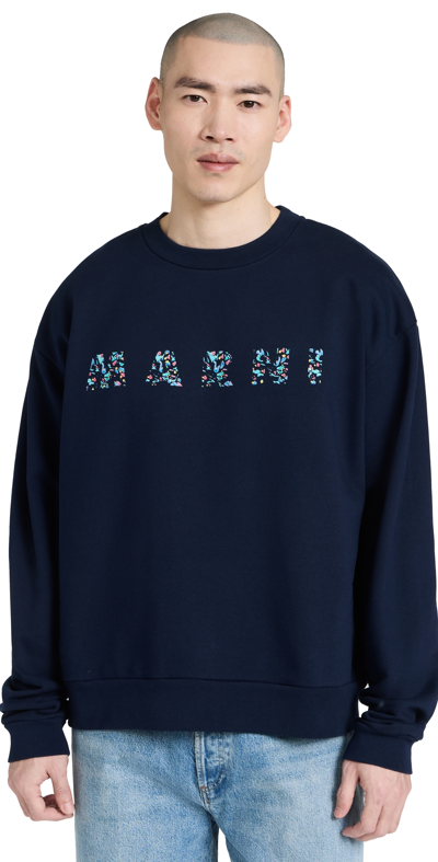 Marni Floral Logo Print Cotton Sweatshirt In Blue