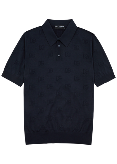 Dolce & Gabbana Logo-jacquard Knitted Silk Polo Shirt In Navy