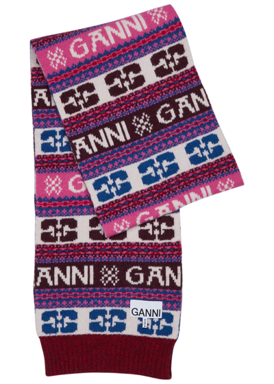 Ganni Striped Logo-intarsia Wool-blend Scarf In Multicoloured