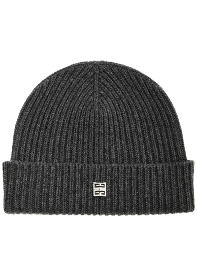 Givenchy Ribbed Logo Wool-blend Beanie In Grey