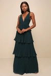 Lulus Mesmerizing Essence Emerald Pleated Backless Tiered Maxi Dress In Green