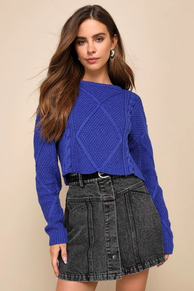Lulus Flirtatious Season Cobalt Blue Cable Knit Cropped Sweater