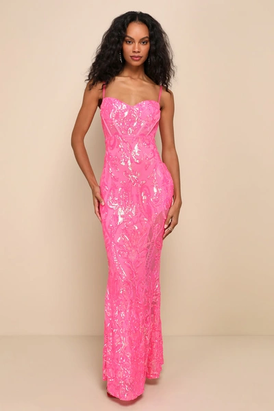 Lulus Notable Sensation Hot Pink Iridescent Sequin Mermaid Maxi Dress