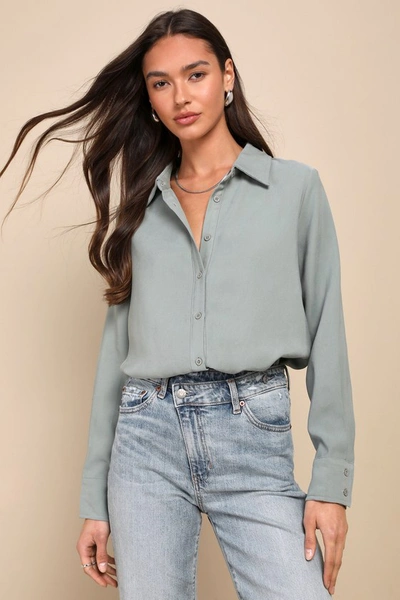 Lulus Totally Polished Sage Green Long Sleeve Button-up Top