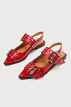 Steve Madden Graya Red Patent Studded Buckle Slingback Flats In Red