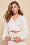 Lulus Glowing Perception Ivory And Gold Geometric Beaded Sequin Clutch In Ivory And Gold