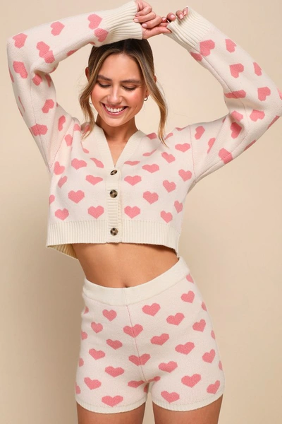 Lulus Loveable Babe Cream And Pink Heart Print V-neck Cardigan Sweater In White