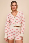 LULUS LOVEABLE BABE CREAM AND PINK HEART PRINT SWEATER LOUNGE SHORTS