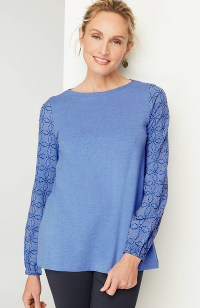 Jjill J.jill Pure Jill Embroidered-sleeve Boat-neck Top In Blue Heather Multi