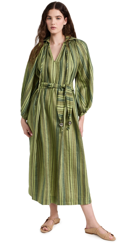 Lisa Marie Fernandez Poet Dress Green Striped Linen 2