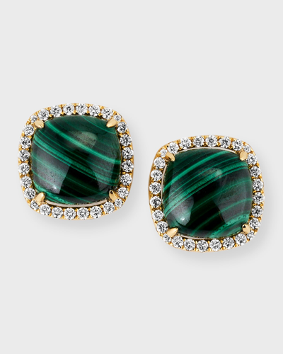 Frederic Sage 18k Yellow Gold Cushion Cabochon Malachite Earrings With Diamond Halos In Green