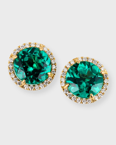 Frederic Sage 18k Yellow Gold Round Lab Grown Emerald Earrings With Diamond Halos In Green