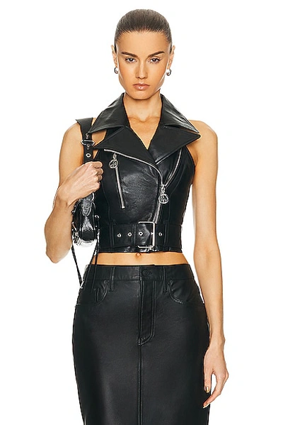 Moschino Jeans Cropped Leather Biker Waistcoat In Black