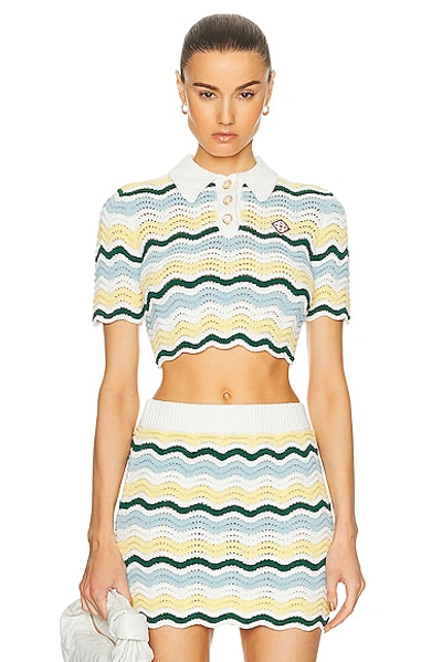 Casablanca Boucle Wave Knit Crop Polo Top In White