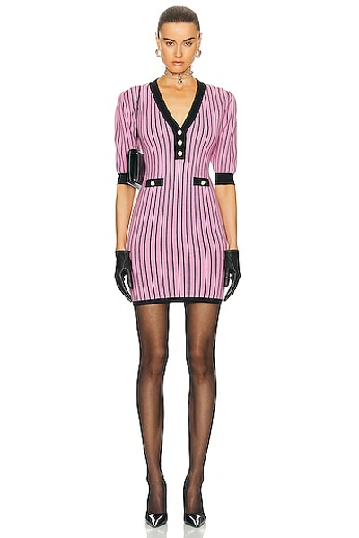 Alessandra Rich Pinstriped Knit V-neck Mini Dress In Pink & Black