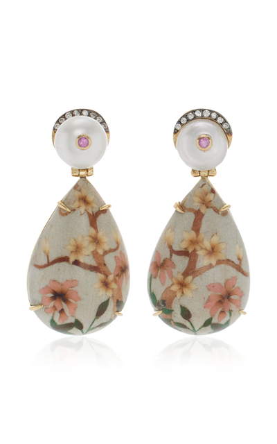 Silvia Furmanovich Marquetry Flower 18k Yellow Gold Pearl; Diamond Earrings In Pink