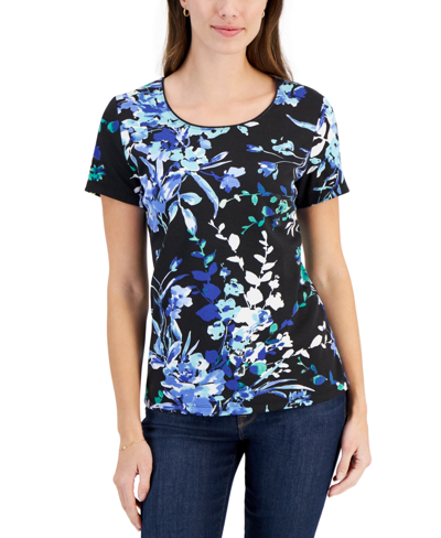 Karen Scott Women's Short-sleeve Floral-print Top, Created For Macy's In Black,green