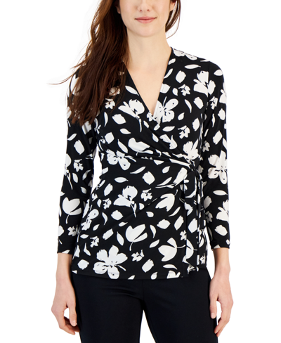 Anne Klein Women's Printed Faux-wrap 3/4-sleeve Top In Anne Black,anne White