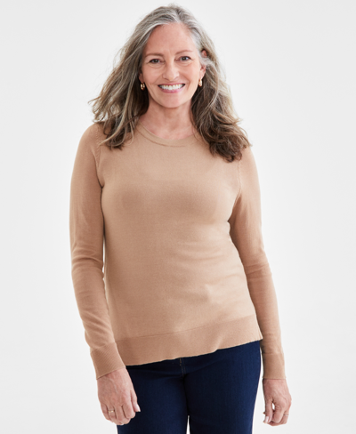 Style & Co Women's Long Sleeve Crewneck Sweater, Created For Macy's In Camel