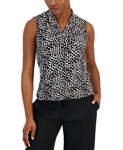 Anne Klein Petite Printed Pleated-neck Sleeveless Top In Anne Black,cherry Blossom Multi