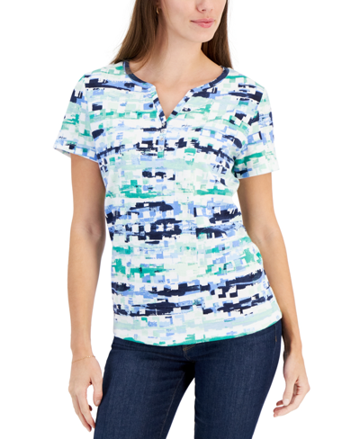 Karen Scott Women's Printed Short-sleeve Henley Top, Created For Macy's In Aqua Ice