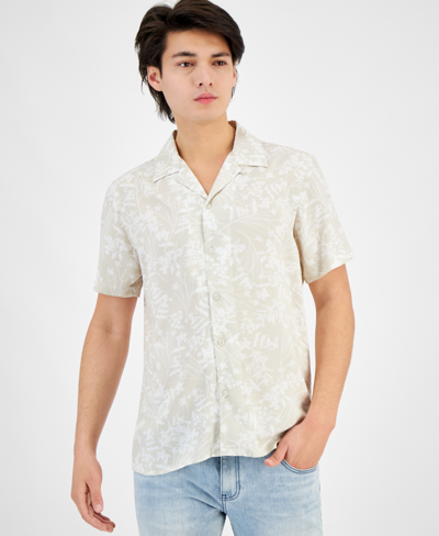 Inc International Concepts Men's Regular-fit Botanical-print Button-down Camp Shirt, Created For Macy's In Stone Block