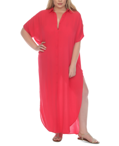 Raviya Plus Size Button-front Cover-up Maxi Dress In Raspberry