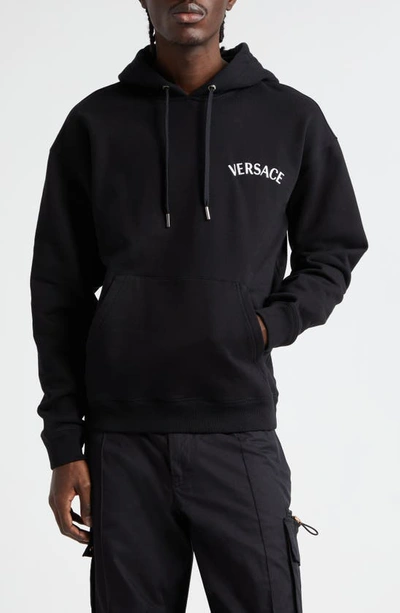 Versace Logo-embroidered Cotton Hoodie In Black  