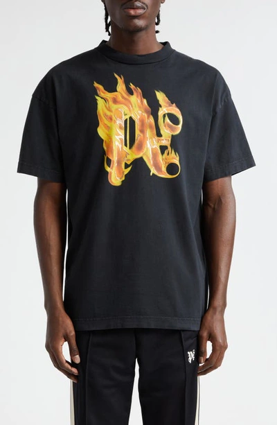 Palm Angels Burning Monogram Embellished Logo-print Cotton-jersey T-shirt In Gray