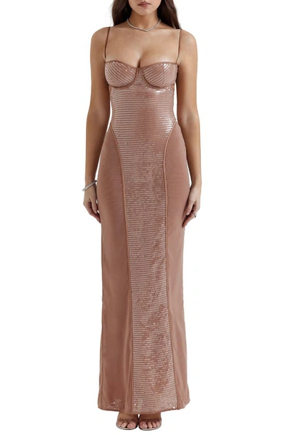 House Of Cb Bonita Sequin Cutout Maxi Cocktail Dress In Cafe Au