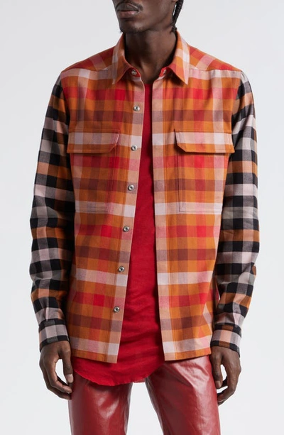 RICK OWENS STRAP BACK COLORBLOCK CHECK COTTON SNAP-UP SHIRT