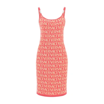 Versace Allover Logo-print Knitted Dress In Pink