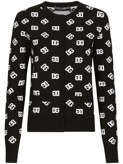 Dolce & Gabbana Viscose Cardigan With Jacquard Dg Logo In Black