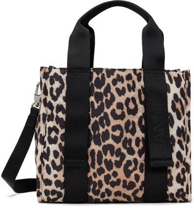 Ganni Small Leopard Tech Tote In Brown