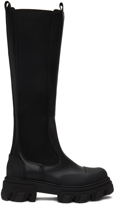 Ganni Black Cleated High Chelsea Boots In 099 Black