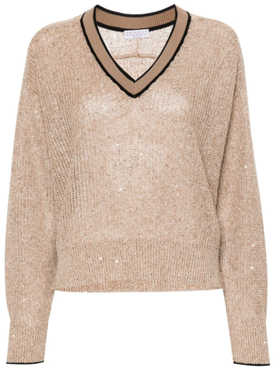 Brunello Cucinelli Brown Sequin-embellished Cotton Sweater In Neutrals